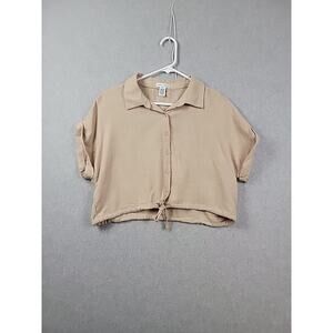 Better Together 100% Cotton Tan SS Button Up Crop Shirt Women's XL